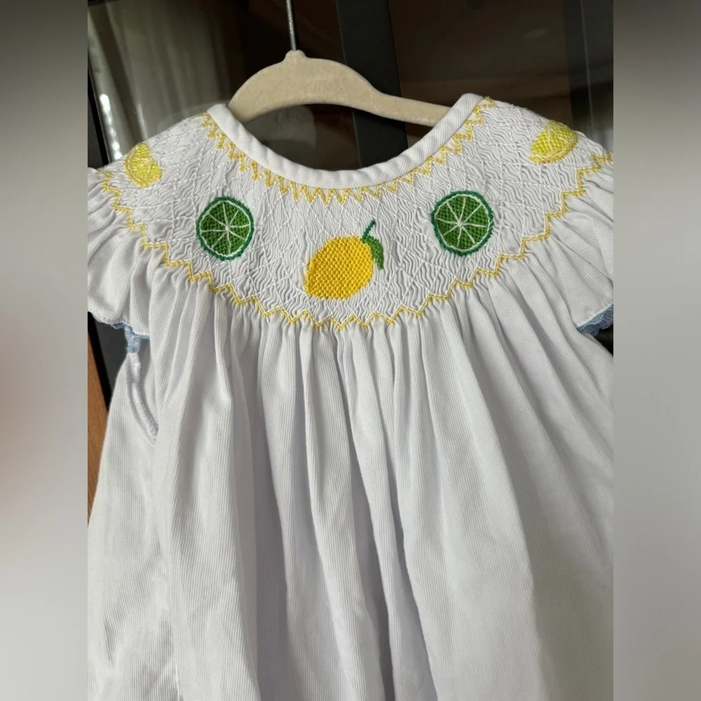Smockingbird lemons smocked dress top embroidered ruffles toddler girl limes